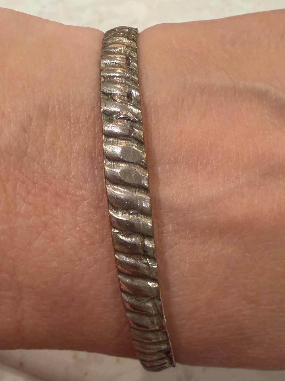 Mexican Mixed Metal Bangle - Silver Tone Ribbed over Solid Brass stamped MEXICO
